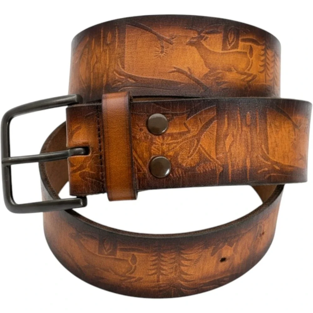 Vintage Embossed Wildlife Leather Belt Brown Deer Horse Western Scene Size 48